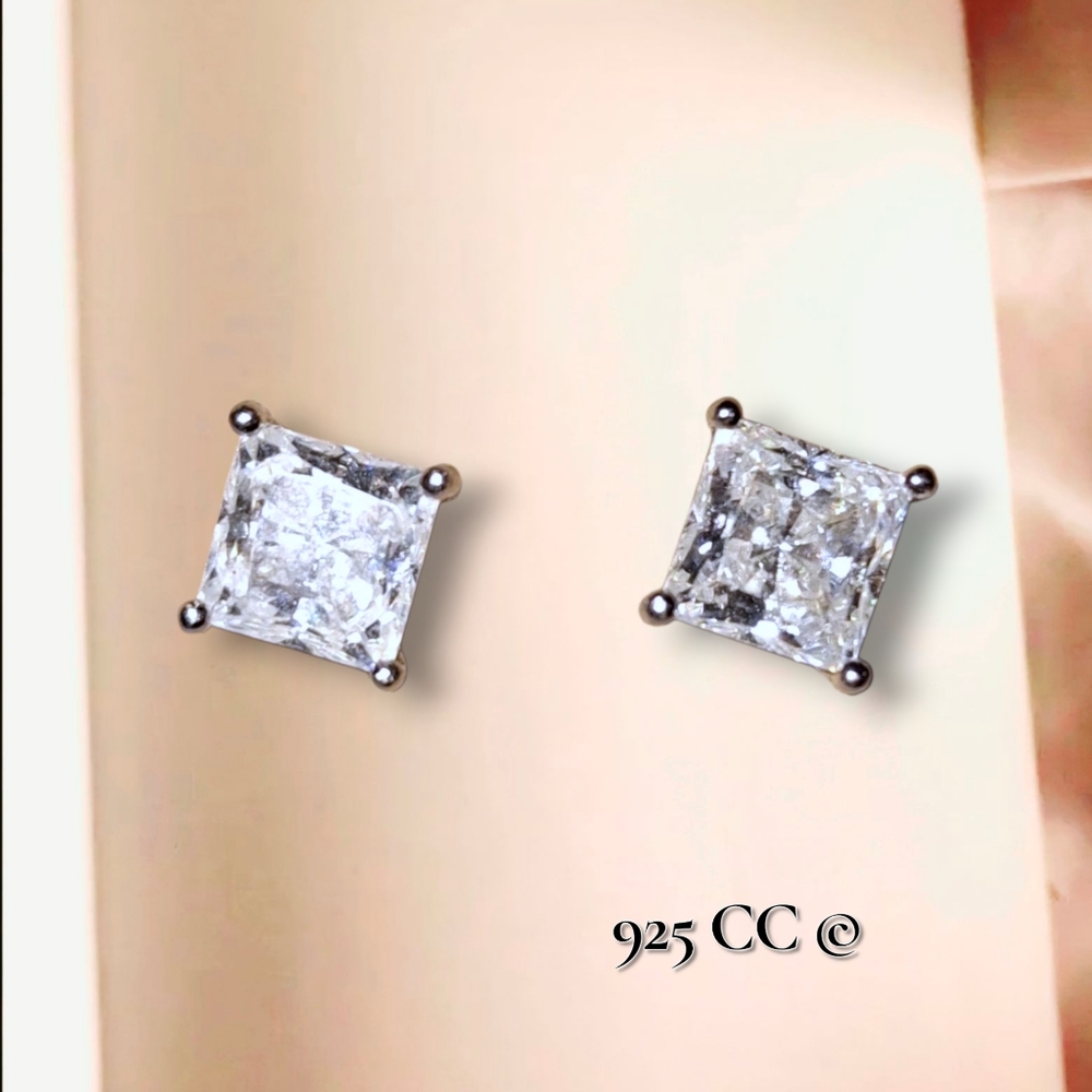 CC 925 Sterling Silver Stud Square Solitaire Earrings Signed Designer